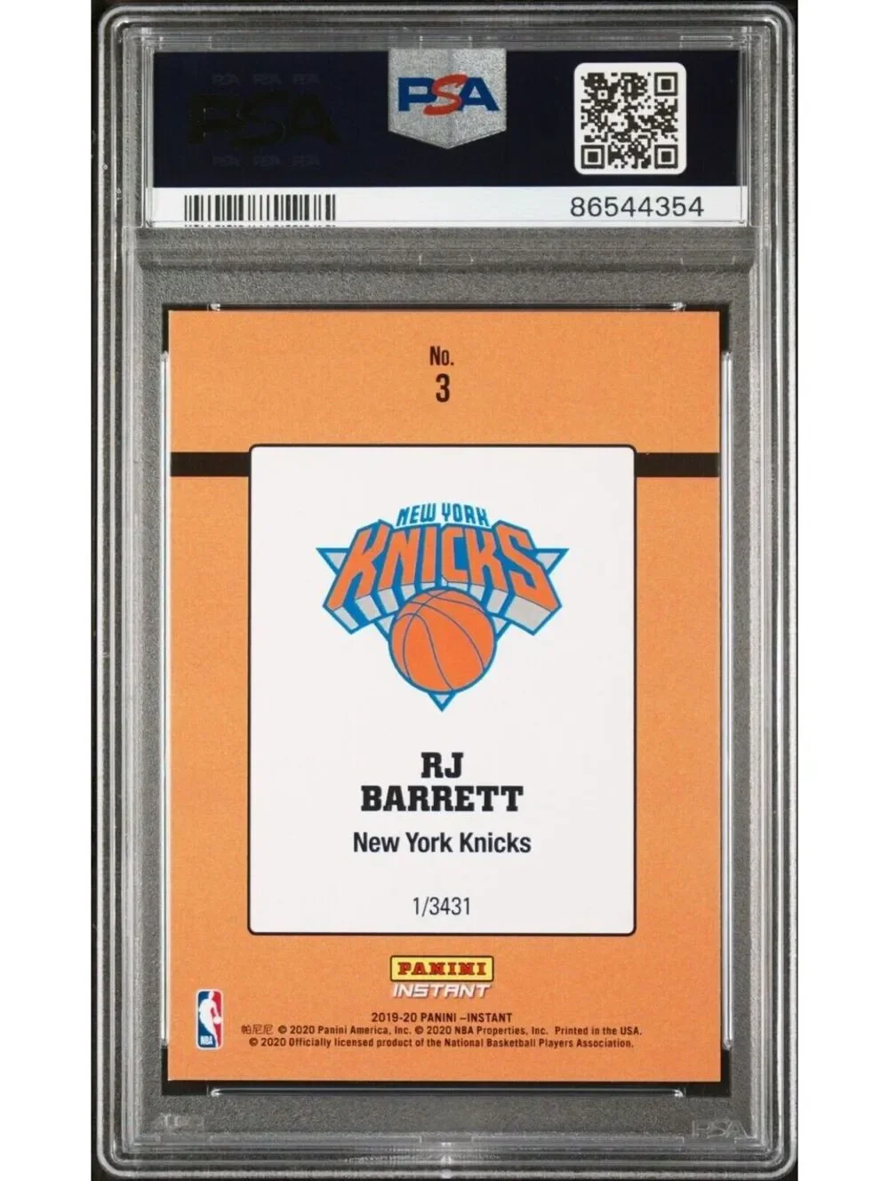 RJ Barrett 2019-20 Panini NBA Rated Rookie Retro Card 1/3431 PSA 9 MINT
